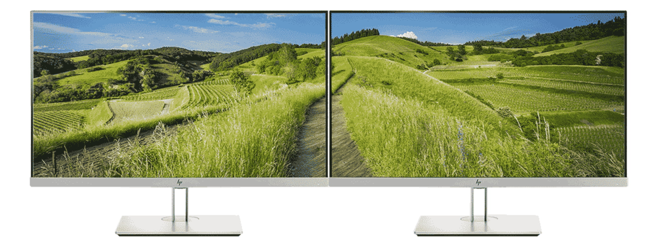 Two computer screens with a field background on them.