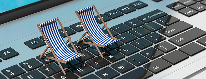 Deck chairs on a computer laptop. 3d illustration